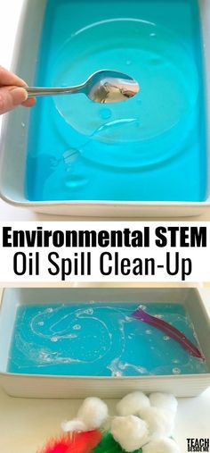 Environmental Science / STEM- Oil Spill Clean Up Experiment via @karyntripp Oil Spill Clean Up, Vetenskapliga Experiment, 6th Grade Science, Oil Spill, Stem Projects, Stem Science, Science Fair Projects