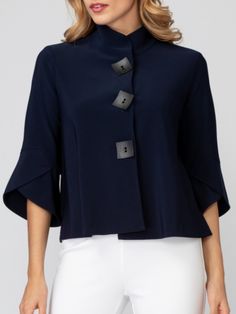 Elegant 3/4 Sleeve Solid Outerwear Formal Blouses, Pola Lengan, Formal Tops, Women Blouses Fashion, Elegant Blouses, Moda Plus, Elegantes Outfit, Elegant Shirt, Coat Fashion