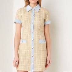 Us 38 (Medium) **Price Fixed** Sfpro00985 Spring Tweed Button Dress, Fitted Tweed Dress With Buttons, Summer Tweed Dress With Buttons, Fitted Short Sleeve Tweed Dress With Buttons, Fitted Tweed Dress With Buttons And Short Sleeves, Spring Fitted Tweed Dress, Spring Tweed Mini Dress With Buttons, Mini Length Tweed Dress For Work, Spring Knee-length Tweed Mini Dress