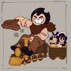 an animated image of a man riding on a train with two small children in it