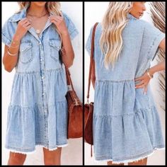 Super Cute Short Denim Dress. Snaps. Short Sleeve. Loose Fitting. Very Soft And Comfy. Non-stretch Button-up Denim Dress, Spring Button-up Dark Wash Mini Dress, Denim Dresses With Button Closure For Day Out, Summer Casual Denim Dress With Pockets, Short Sleeve Chambray Dresses With Pockets, Short Sleeve Cotton Denim Dress For Day Out, Chambray Short Sleeve Dress With Pockets, Denim Dress With Button Closure For Day Out, Cotton Denim Dress With Short Sleeves For Day Out