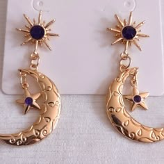 Style: Constellation Color Gold And Purple Dangles Gemstone Details Purple And Gold Fashion, Purple Gold Jewelry, Funky Gold Jewelry, Constellation Accessories, Gold And Purple Aesthetic, Purple And Gold Aesthetic, Purple And Gold Outfit, Celestial Accessories, Brooke Core