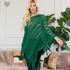 Lightweight Fringe Poncho, Knit, Acrylic, Green And Some Sparkles - Super Cute! One Size Fits Most Casual One Size Open Knit Poncho, Casual Open Knit Poncho One Size, Green Beach Poncho, Green One-size Shawl Poncho, Green Shawl Poncho One Size, Open Knit Poncho, Vintage Cape Coat, No Sew Cape, Sequin Poncho