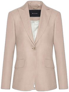 Elegant Single Button Business Blazer, Elegant Tailored Silk Blazer, Tailored Silk Elegant Blazer, Elegant Single-breasted Tweed Jacket For Business, Elegant Tailored Tweed Jacket For Office, Elegant Semi-formal Tweed Jacket With Welt Pockets, Elegant Silk Blazer With Concealed Placket, Beige Single Button Formal Blazer, Elegant Business Blazer With Welt Pockets