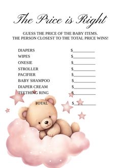 a baby shower game with a teddy bear sitting on top of a cloud and the price is right