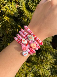 Each bracelet is hand beaded and sold separately! Made from clay heishi beads and cute conversation heart charms for Valentine's Day! Cute Conversation, Candy Bracelets, Candy Bracelet, Conversation Heart, Conversation Hearts, Christmas Bead, Valentine Candy, Converse With Heart, Heishi Beads