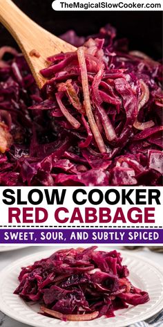 red cabbage is being cooked in a slow cooker and served on a white plate with a wooden spoon