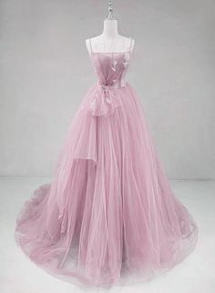 Pink Straps Tulle Chic Long Party Dress Outfits For Women Formal Dress Outfits For Girls Pink Gown With Sweep Train For Banquet, Pink A-line Ball Gown With Fitted Bodice, Pink Princess Gown For Banquet, Pink Princess Tulle Evening Dress, Pink Ball Gown For Banquet, Pink A-line Gown For Banquet, Pink Floor-length Ball Gown For Spring, A-line Tulle Gown For Prom, Purple A-line Dress For Banquet