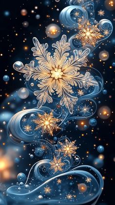 snowflakes are floating in the air on a dark background with bubbles and stars