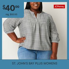 Refresh your look with this printed St. John's Bay women's plus blouse made from soft woven fabric. It's cut for a regular-fit and features a split crew neck and three-quarter sleeves with button cuffs. Style it with a skirt or pull-on pants and heeled sandals. Fit: Regular FitNeckline: Split Crew NeckSleeve Length: 3/4 SleeveApparel Length: 28 InchesFiber Content: 86% Rayon, 14% NylonFabric Description: Plain WeaveCare: Tumble Dry, Machine WashCountry of Origin: Imported Blouse White, Pull On Pants, Shop Blouses, Heeled Sandals, Three Quarter Sleeves, Three Quarter, Woven Fabric, Blouses For Women, Shirts Tops