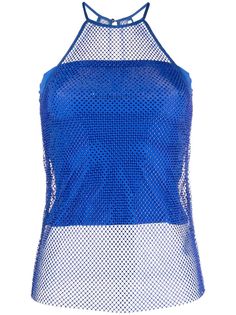 blue sapphire mesh panelling semi-sheer construction rhinestone embellishment sleeveless halterneck round neck single rear button fastening straight hem Blue Fitted Mesh Top, Blue Mesh Top For Summer, Sheer Blue Mesh Tops, Summer Party Mesh Top, Sleeveless Mesh Party Top, Sleeveless Mesh Top For Summer Evenings, Sleeveless Mesh Top For Party, Blue Sheer Mesh Top For Party, Party Tops With Mesh Back And Stretch