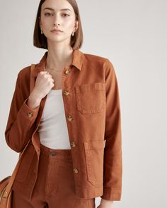 Your go-to jacket for transitional weather. The super-soft organic stretch twill and functional patch pockets will have you reaching for this jacket every day of the week. With a standard fit, this is perfect for layering over a hoodie, or simply pairing with a t-shirt.  | Quince | Women's Organic Comfort Stretch Chore Jacket in Rust, Size XS, Organic Cotton Casual Shacket With Cargo Pockets For Fall, Trendy Workwear Outerwear With Multiple Pockets, Long Sleeve Cargo Pocket Shacket For Work, Long Sleeve Shacket With Cargo Pockets For Work, Versatile Everyday Fall Blazer, Everyday Utility Shacket With Pockets, Utility Shacket With Pockets For Everyday Wear, Fall Trendy Utility Jacket With Cargo Pockets, Utility Jacket With Pockets For Fall