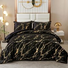 PRICES MAY VARY. 【MARBLE METALLIC GLITTER DESIGN】Classic marble texture mixed with a shiny gold metallic foil pattern on a black background gives you perfect visual feast, bringing your bedroom a luxurious and warm happiness. 【3 PIECES GOLD COMFORTER SET】Gold comforter set QUEEN SIZE included a comforter(90" x 90") and 2 envelope pillowcases 20" x 28" . Gold marble comforter is perfect gift choice for your family and your friends, suits for ALL SEASONS. 【SUPER SOFT&DURABLE】 black gold metallic m Gold Comforter Set, Marble Comforter, Bedding Black, Gold Comforter, Pillow Case Mattress, Value Furniture, Bed Comforter Sets, Bedding Duvet, Glitter Design