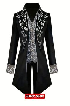 Retro Steampunk Gothic Embroidered Victorian Jacket Vintage Tailcoat Medieval Frock Coat Renaissance Costume For Men Vampire Style Long Sleeve Outerwear For Costume Party, Gothic Long Sleeve Costume Outerwear, Gothic Long Sleeve Outerwear For Costume, Medieval Style Long Sleeve Outerwear For Fall, Gothic Stand Collar Outerwear For Costume Party, Gothic Stand-collar Outerwear For Costume Party, Vampire Style Outerwear With Buttons For Costume Party, Gothic Outerwear With Stand Collar For Costume Party, Gothic Long Sleeve Outerwear For Larp