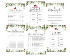 the printable wedding game is shown in four different colors and font, with holly leaves on