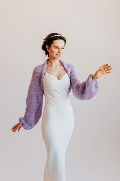 Mohair Bolero Shrug. Bridal Jacket. Bolero jacket is a beautiful addition to a festive or wedding dress that will match the style of the outfit and also keep you warm and protect from the cold wind. Shrug bolero is made in the form of a cropped jacket that covers the arms, shoulders and part of the back. The neckline remains open, and the bolero does not cover the beautiful wedding dress. Beautiful puffy sleeve drapes easily and is fixed on the wrist of the arm. Bolero made of blend mohair wool Shrug For Dresses Wedding, Formal Shrugs For Dresses, Bolero Sweater Outfits, Bolero With Dress, Bolero Cardigan Outfit, Bolero Outfit, Mohair Bolero, Mohair Shrug, Crown Crochet