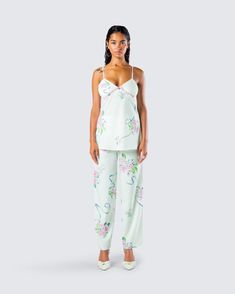 From getting your beauty rest to running around the town - this two-piece set will have you on your prettiest behavior 🤍 Pairing a cami top with matching wide leg pants, you'll stun in the perfect floral look 🤩 Summer Floral Print Daywear Sets, Green Sleepwear Sets For Spring, Spring Sleeveless Sleep Sets, Floral Print Sets For Spring Daywear, Sleeveless Sleep Sets For Spring, Spring Loungewear Sets, Spring Green Two-piece Pant Set, Green Two-piece Pant Set For Spring, Green Pant Set For Spring