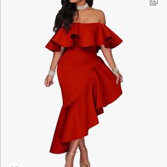 New Compy,Soft,Vibrant Colors,No Chiffon And Will Hug All The Right Curves Sexy Boho Style- Strapless Backless Off Shoulder Design With Flounce Overlay Perfectly. Tag S= Us 2 Bust 33.85" Waist 27.6" Hips 33.85" Length 49.21" Elegant Red Stretch Strapless Dress, Red Stretch Strapless Dress For Evening, Red Ruffled Strapless Dress For Party, Red Strapless Dress With Ruffles For Party, Red Strapless Fitted Dress With Ruffles, Red Fitted Strapless Dress With Ruffles, Red Stretch Strapless Dress For Party, Chic Red Stretch Strapless Dress, Red Strapless Dress For Summer Party