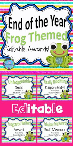 the end of the year frog themed printable award for children's literature and reading