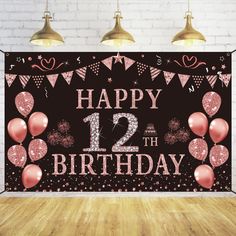 a happy 25th birthday banner with balloons and confetti in pink on a black background