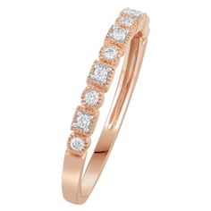 Featuring a series of gorgeous diamonds, this beautiful 10k rose gold milgrain band ring is the a must-add to your fine jewelry collection.Click on this JEWELRY & WATCHES GUIDE to learn about fit, styles, materials and more! Width: 1.8 mm Metal: 10k rose gold Finish: polished Packaging: boxedDIAMOND DETAILS Total weight: 1/10 ct. Shape: round Setting: bezel Diamond weights are approximate. Diamond total weights may vary between .01 and .08 ct. Some diamonds have fewer than 17 facets. Gemstones m Classic Stackable Rose Gold Diamond Ring, Classic Rose Gold Diamond Ring With Pave Setting, Fine Jewelry Collection, Bezel Diamond, A Series, Band Ring, Gold Finish, Band Rings, Jewelry Collection