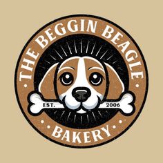 a dog with a bone in it's mouth and the words, the begin beagle bakery