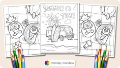 two coloring pages with cartoon characters on them and the words summer is time in front of them