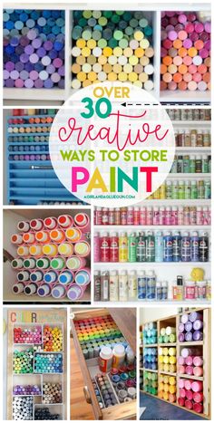 over 30 creative ways to store paint with lots of different colors and sizes on the shelves