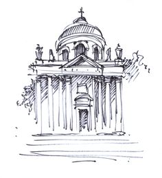 a drawing of a building with columns and a dome on the top, surrounded by trees