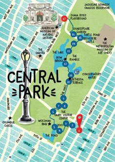 a map of central park in new york city, with the locations marked on it