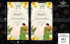 the wedding card design is shown with sunflowers and green sari on it