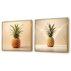 two pineapples are displayed on the wall next to each other in gold frames