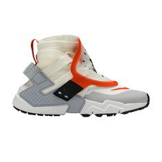 Find NIKE Air Huarache Gripp Qs 'sail Orange on Editorialist. The Huarache started as a running shoe in 1991, but this 2018 version shows its evolution. The Nike Air Huarache Gripp QS ‘Sail Orange’ starts with a sock-like high collar with straps over the lacing system, all in Off-White, before moving down to a white forefoot. The most noticeable feature is the shroud that clips onto the heel counter, boasting Huarache branding in white, gray and orange. Gray hits lead down to the chunky midsole and black outsole to finish off the look. Modern White High-top Sneakers For Running, White Custom Sneakers With Boost Midsole, White Custom Sneakers For Outdoor, White Outdoor Basketball Shoes With Rubber Sole, Outdoor White Basketball Shoes With Rubber Sole, Functional White High-top Custom Sneakers, White Athleisure Sneakers With Vibram Sole, White Vibram Sole Sneakers For Athleisure, Nike High-top Sneakers With Vibram Sole For Sports