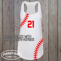 "Personalize your own tank top with baseball stitching with your favorite player's number! Our custom baseball laces tank top can be customized with any number, baseball team name, or whatever custom text you choose. Choose from baseball (white), softball (pale yellow), or create your own baseball lace tank to match your baseball or softball team colors. The perfect tank top for a baseball mom outfit, baseball girlfriend tank, or baseball sister tank top. Enter your personalization under \"Add y Red Tops With Team Name For Baseball Season, White Crew Neck Tank Top For Sports, White Racerback Tank Top For Sports Events, White Team Spirit Tank Top For Sports, White Sleeveless Tank Top For Team Spirit, Casual Personalized Tops For Baseball Season, White Sporty Tank Top For Game Day, Team Spirit White Sleeveless Tank Top, Pink T-shirt For Baseball Season With Team Name