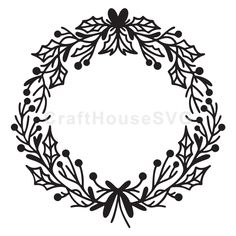 a black and white silhouette of a wreath with berries on the bottom, surrounded by leaves