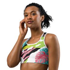 This gorgeous pink art sports bra is made from moisture-wicking material that stays dry during low and medium intensity workouts. The bra has support material in the shoulder straps, double layer front, and a wide elastic band to ensure constant support.• 82% polyester, 18% spandex• Fabric weight: 6.78 oz/yd² (230 g/m²), weight may vary by 5%• Moisture-wicking fabric• Four-way stretch material• Scoop neckline and racerback• Flat seams and bias binding that minimize rubbing• Best for A–C cups• Support material in the shoulder straps, double-layered front, and a wide elastic band under breasts for extra supportThis product is made especially for you as soon as you place an order, which is why it takes us a bit longer to deliver it to you. Making products on demand instead of in bulk helps re Multicolor Sports Bra For Yoga, Multicolor Athleisure Sports Bra For Training, Multicolor Moisture-wicking Sports Bra For Yoga, Functional Summer Sports Bra, Multicolor Athleisure Sports Bra, Sporty Multicolor Sports Bra For Gym, Multicolor Moisture-wicking Sports Bra For Workout, Multicolor Moisture-wicking Sports Bra For Training, Sporty Multicolor Moisture-wicking Sports Bra