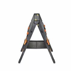 a large metal step ladder with orange handles and two black steps on each side, in front of a white background