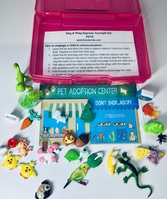 "Say & Play Express Yourself Kits!  PETS! PET THEME MINI OBJECTS kit 1 box. 1 bag of objects. 1 play mat.  Simple. Practical. Fun. Effective. Engaging.  FEATURES: ~20 objects! Pets and corresponding food for some of the pets! ~Laminated mini mat for play ~Guided Play Activity Ideas ~Compact & Portable  ~Measures 6 1/2\" x 5\" x 1.3\" Great tool for speech-language learning and therapy! Mini themed kits are a great way to quickly work on language skills and model language.  An effective tool to incorporate into many types of instructional strategies. *The kits are portable, stackable, and great to take anywhere for practice of speech and language skills. **Great for quick pretend and theme play activities! Objects may vary from pictures depending on the inventory. WARNING: small parts, chok Teacch Tasks, Speech Crafts, Mini Objects, Speech Therapy Crafts, Pet Theme, Play Activity, Slp Ideas, Slp Resources, School Slp