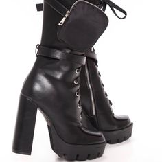 These Heeled Boots Are Such A Statement Piece! These Are Midcalf Booties In Combat Style. 5 Inch Block Heel, Double Pouch Detail With Side Zipper. Never Worn, Brand New With Box! Combat Style, Fashion Nova Shoes, Biker Boots, Heel Boots, Moto Boots, Platform Boots, High Heel Boots, Fashion Boots, Side Zipper