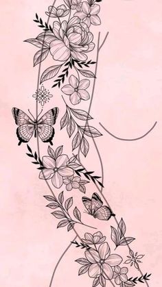 a tattoo design with flowers and butterflies on it