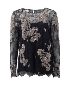 Marchesa chantilly lace top with beaded embellishment, wide scoop neckline, hook & eye closure and key hole, all-over lace, black camisole lining, scalloped hem and cuffs, long sleeve and a loose fit. 100% Polyester and 100% Silk Lining, Dry Clean Made in India, US Sizing Lace Camisole Top, Lacy Tops, Keyhole Top, Lace Cami Top, Ralph Lauren Black Label, Poplin Top, Black Camisole, Lace Top Long Sleeve, Lace Camisole