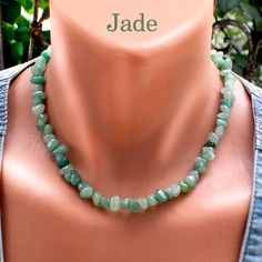 Elevate your jewelry collection with this exquisite Irregular Jade Bead Necklace, perfect for those who appreciate the natural beauty of gemstones. Each 7 to 10mm jade bead is uniquely shaped, creating a one-of-a-kind piece that celebrates the organic charm of jade. The necklace is strung on a sturdy steel wire and finished with a secure steel clasp, ensuring durability and style. With a length of 18 inches and an additional 2-inch extender, this necklace offers versatile wearability, making it Affordable Jade Gemstone Bead Necklaces, Jade Gemstone Crystal Necklaces With Round Beads, Jade Crystal Necklace With Round Beads, Jade Gemstone Crystal Necklace With Round Beads, Jade Crystal Necklace With Round Gemstone Beads, Emerald Necklace With Aventurine Gemstone Beads, Emerald Necklace With Round Aventurine Gemstone Beads, Jade Bead Necklace, Thoughtful Gifts For Her