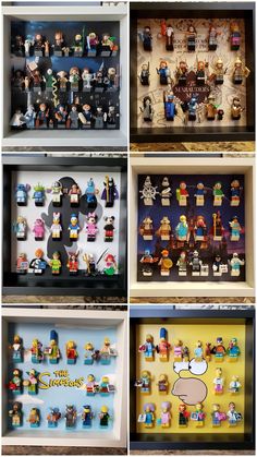 several shelves with legos on them in different styles and sizes, including one for each character