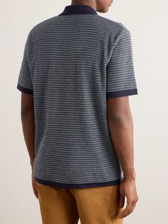 DESIGNED BY MR PORTER. Investment staples like Mr P.'s polo shirt will remain firm favourites for years to come. It's knitted from a soft, smooth cotton and silk-blend using a slightly open gauge for optimal breathability. Contrast trims smarten up the fit. Navy Cotton Textured Knit Top, Navy Textured Knit Cotton Top, Blue Jacquard Knit Tops, Blue Textured Knit Collared Tops, Jacquard Knit Collared Top, Collared Jacquard Knit Top, Blue Knit Short Sleeve Top, Navy Knit Short Sleeve Tops, Casual Jacquard Knit Polo Shirt