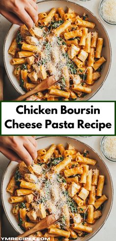 chicken boursin cheese pasta recipe in a bowl with parmesan cheese on top