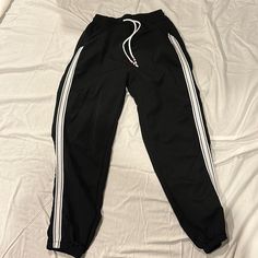 Black Size Small Jogger With Textured White Stripe On Leg And Red White And Blue Beading Detail Never Worn Trendy Black Stretch Sweatpants, Black High Waist Casual Joggers, Casual High Waist Black Joggers, Black Joggers, Source Unknown, Black Jumpsuit, Red White And Blue, Track Pants, White Stripe