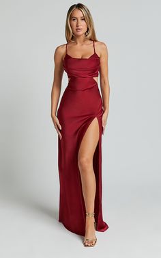 Sophie Midi Dress - Cowl Neck Cross Back Dress in Red Satin Dress With Side Slits, Glamorous Backless Maxi Dress With Side Slits, Floor-length Split Design Dress For Night Out, Split Dress With Side Slits For Prom, Fitted Gown With Side Slits For Prom Season, Split Dresses With Side Slits For Prom Season, Prom Season Dress With Side Slits And Split Shape, Prom Dress With Side Slits And Split Shape, Gala Maxi Dress With Side Slits For Prom Season