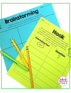 two sheets of paper with pencils on them next to each other and the words, brainstorming hook