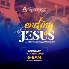 an event poster for the end of jesus with a man standing in front of him