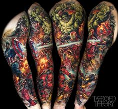 three sleeve tattoos with avengers and iron man characters on the arm, one is full of flames